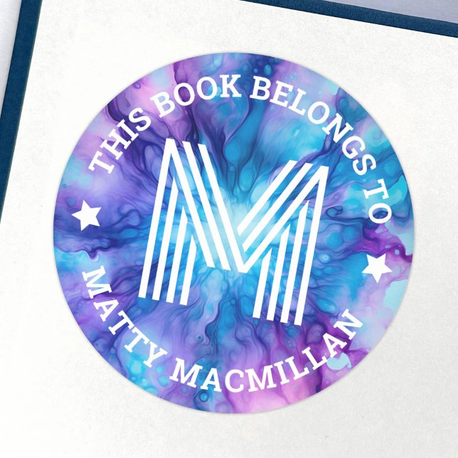Sticker Rond Monogramme initial bleu violet enfants réserver ét (Monogram initial blue purple kids book label)