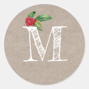 Sticker Rond Monogramme Initial de Noël en Kraft Rustique