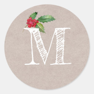 Sticker Rond Monogramme Initial de Noël en Kraft Rustique