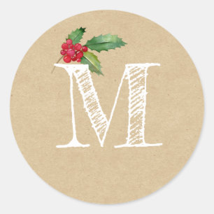 Sticker Rond Monogramme Initial de Noël Rustique Kraft en Houx