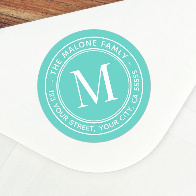 Sticker Rond Monogramme initial élégant aqua bleu adresse de re (Créateur téléchargé)