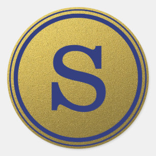 Sticker Rond Monogramme Initial En Glitter Bleu Royal Et Or
