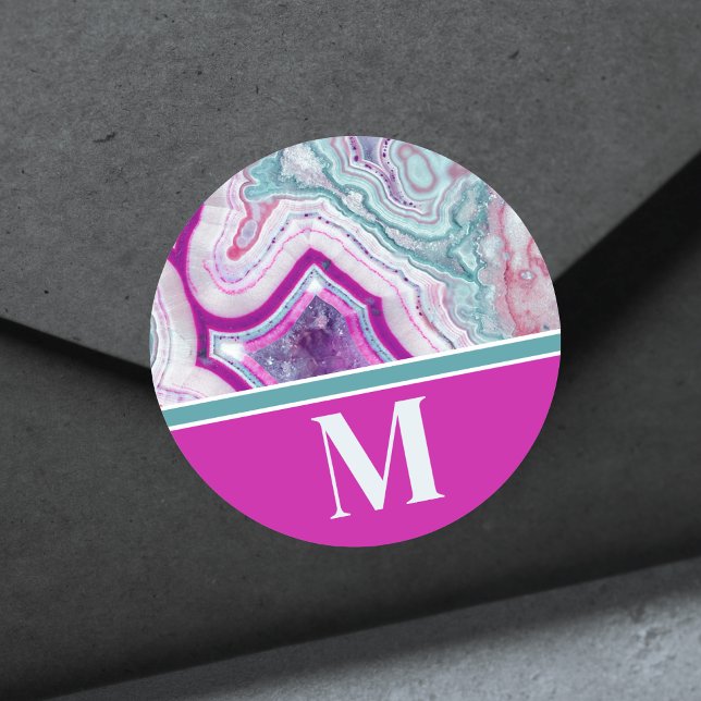 Sticker Rond Monogramme Initial Moderne Tendance Chic (Chic Modern Teal Pink Agate Stone Initial Monogram Classic Round Sticker)
