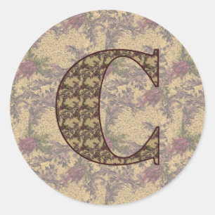 Sticker Rond Monogramme Initiale C Élégant Floral Vintage