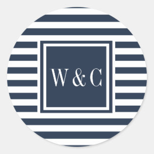 Sticker Rond Monogramme Initiales Moderne Bleu Marine Rayure Bl