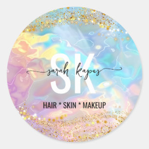 Sticker Rond Monogramme iridescent pierre d'opale holographique