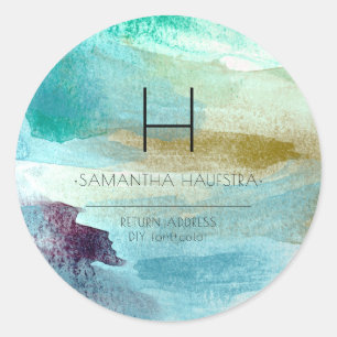 Sticker Rond Monogramme Iridescente Aqua Bleu Aquarelle Brossée
