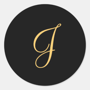 Sticker Rond Monogramme J, couleur or initiale J sur noir,