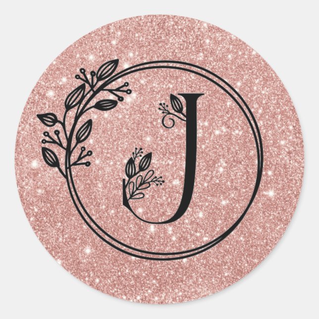Sticker Rond Monogramme J Rose Or Blush Parties scintillant ros (Devant)