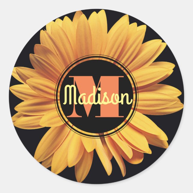 Sticker Rond Monogramme Jaune Daisy Gerbera Aster Elégante Fleu (Devant)