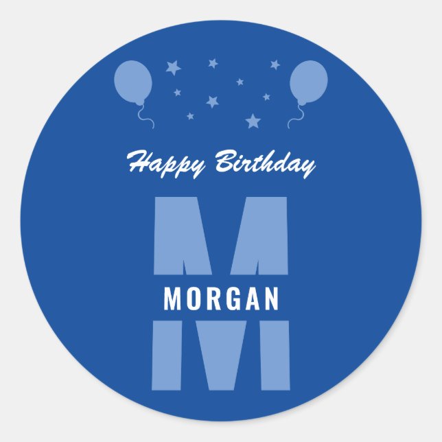 Sticker Rond Monogramme Joyeux Anniversaire Tout Âge Bleu Et Bl (Devant)