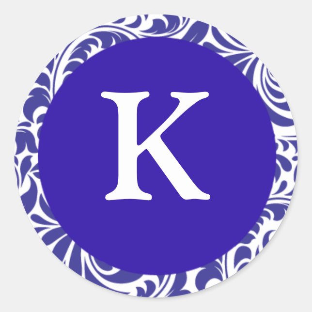 Sticker Rond Monogramme K Bleu Blanc Designer Mariage Monogramm (Devant)