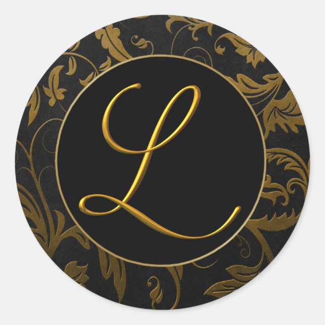 Sticker Rond Monogramme L Gold et Black Mariage damassé Seal (Devant)