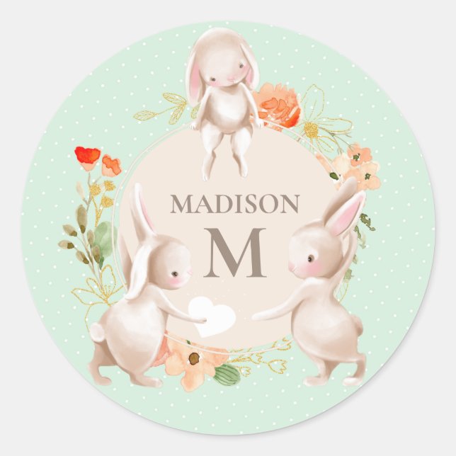 Sticker Rond Monogramme Lapin lapins Floral Girl Personnalisé (Devant)