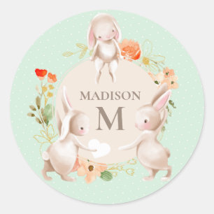 Sticker Rond Monogramme Lapin lapins Floral Girl Personnalisé