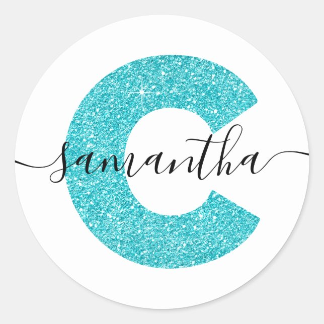 Sticker Rond Monogramme lettre C pailleté turquoise féminin (Devant)