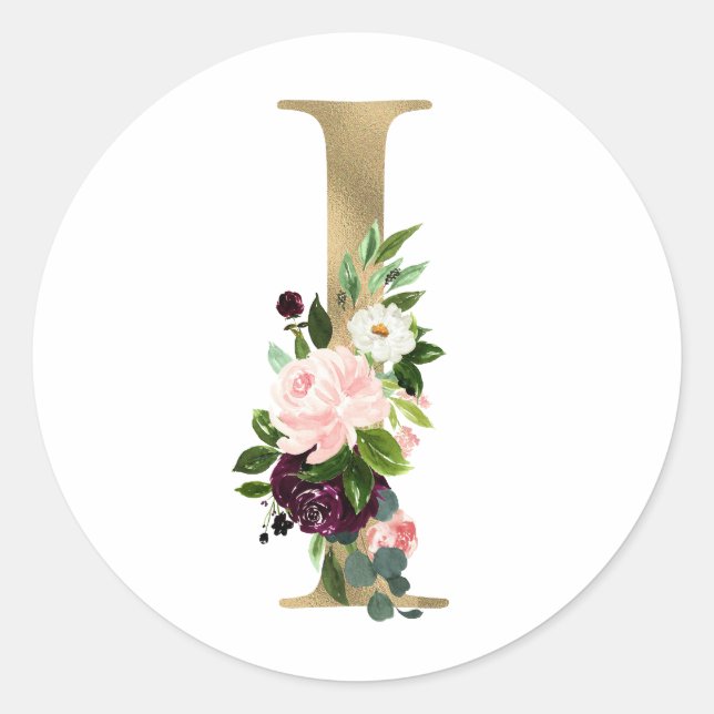 Sticker Rond Monogramme lettre dorée boho fleurs burgundy Clas (Devant)