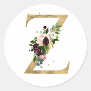 Sticker Rond Monogramme lettre dorée fleurs boho bordeaux  Cla