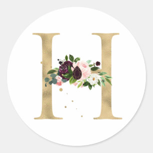 Sticker Rond Monogramme lettre dorée fleurs boho bordeaux Clas