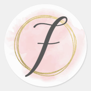 Sticker Rond Monogramme lettre F rose blush aquarelle or chic