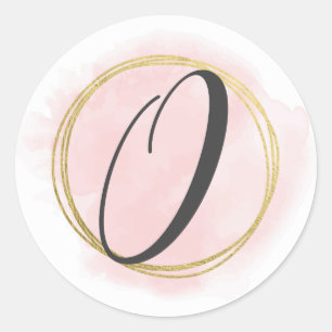 Sticker Rond Monogramme lettre O rose blush aquarelle doré chic