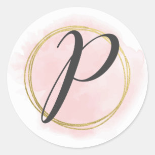 Sticker Rond Monogramme lettre P rose blush aquarelle or chic