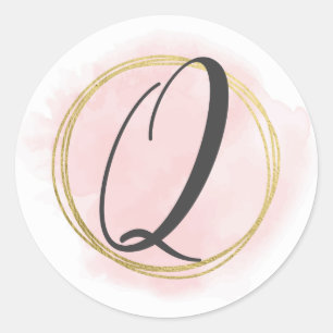 Sticker Rond Monogramme Lettre Q Rose Blush Aquarelle Or Chic