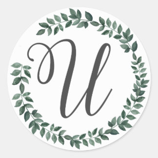 Sticker Rond Monogramme Lettre U Couronne de Feuilles Botanique