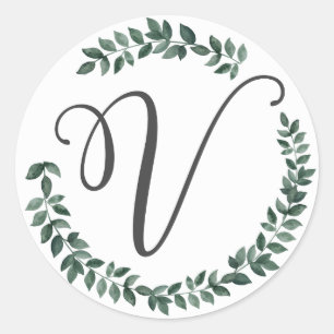 Sticker Rond Monogramme Lettre V Couronne de Feuilles Botanique