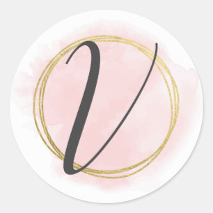 Sticker Rond Monogramme lettre V rose blush aquarelle or chic