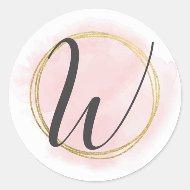 Sticker Rond Monogramme lettre W rose blush aquarelle or chic (Devant)