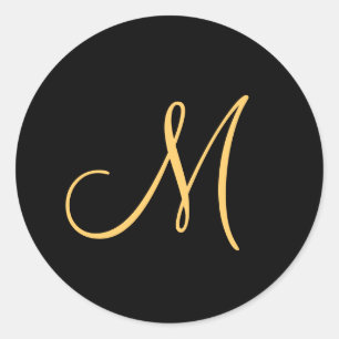 Sticker Rond Monogramme, M initial de couleur or sur le noir,