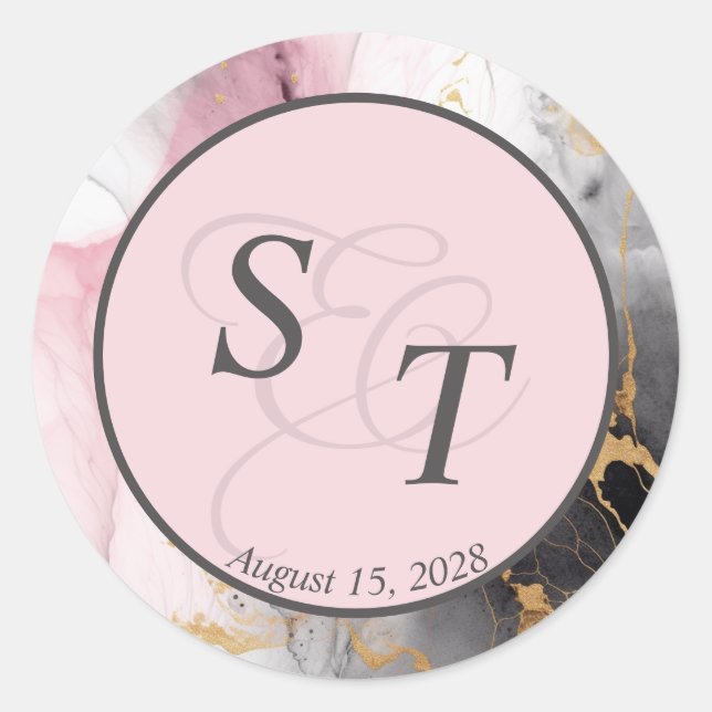 Sticker Rond Monogramme marbré Dusty Rose Black Gold Abstrait (Devant)