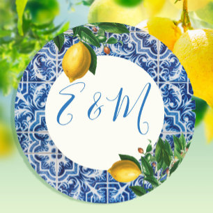 Sticker Rond Monogramme mariage citron bleu carrelage été