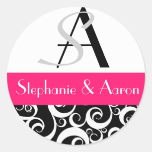 Sticker Rond Monogramme mariage damassé en noir et rose chaud