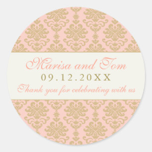 Sticker Rond Monogramme Mariage damassé rose et champagne