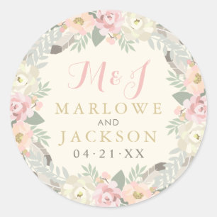 Sticker Rond Monogramme Mariage de Boho Floral en or rose ivoir