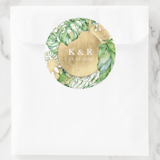 Sticker Rond Monogramme Mariage de feuillage doré tropical (Sac)