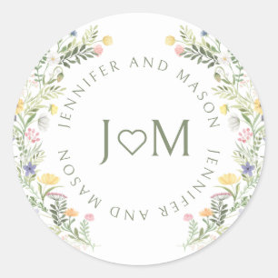 Sticker Rond Monogramme Mariage de fleurs sauvages de prairie c
