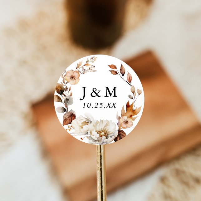 Sticker Rond Monogramme Mariage de germe d'automne rustique (Créateur téléchargé)