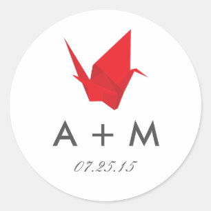 Sticker Rond Monogramme Mariage de grues Origami