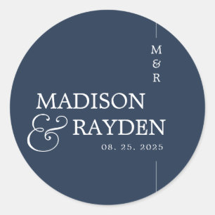 Sticker Rond Monogramme Mariage de la marine moderne Blue Chic 