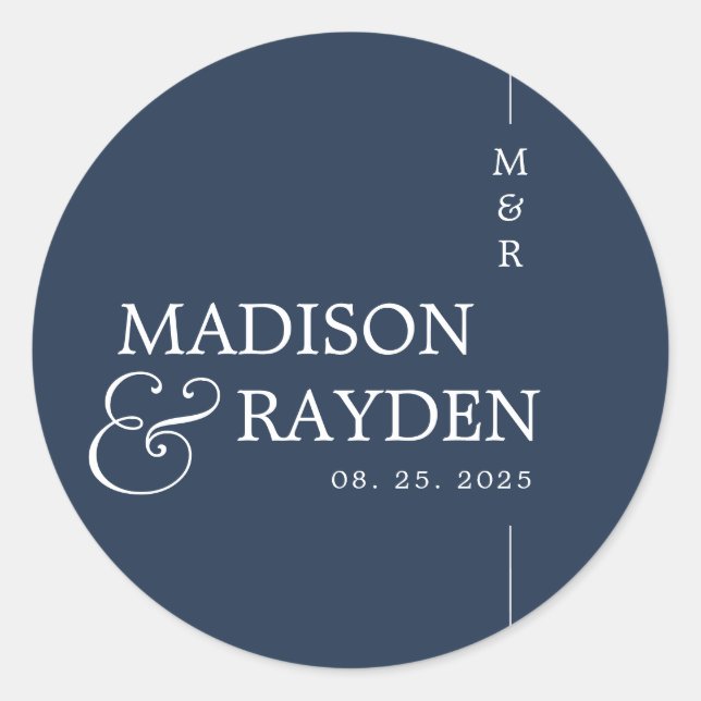Sticker Rond Monogramme Mariage de la marine moderne Blue Chic  (Devant)