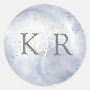Sticker Rond Monogramme Mariage Dusty Gold et Blue Watercolor