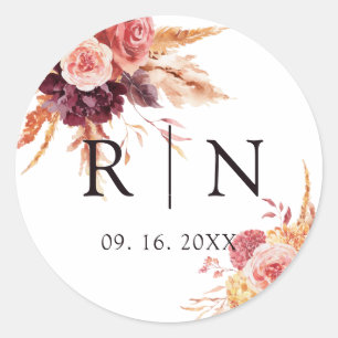 Sticker Rond Monogramme Mariage floral de Terracotta Bourgogne