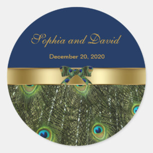 Sticker Rond Monogramme Mariage Gold Blue Peacock