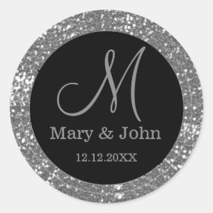 Sticker Rond Monogramme Mariage Parties scintillant Noir Et Arg