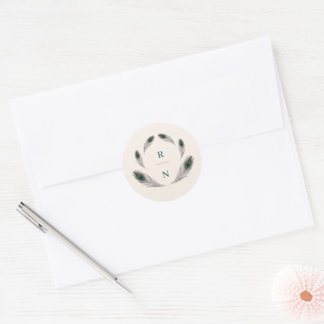 Sticker Rond Monogramme Mariage Peacock vintage (Enveloppe)