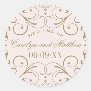 Sticker Rond Monogramme Mariage rose   Flouris d'or antique