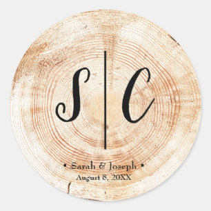 Sticker Rond Monogramme Mariage rustique Plaque de disque en bo